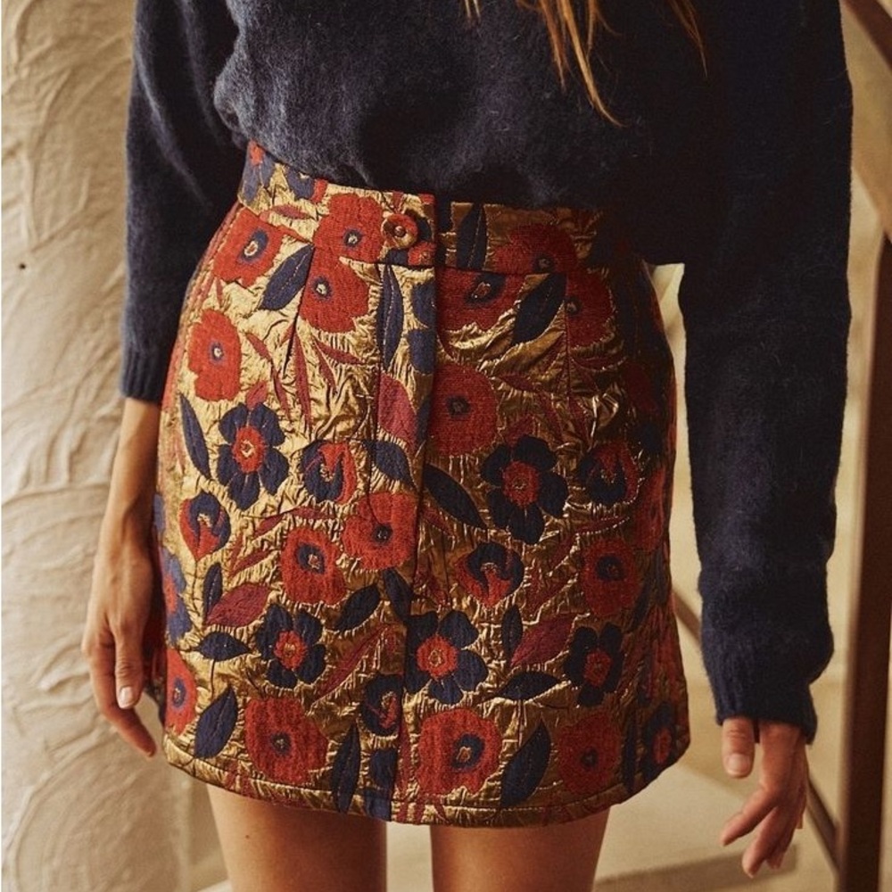Opullence Paris Red Blue Gold Floral Embroidered Metallic Mini Skirt